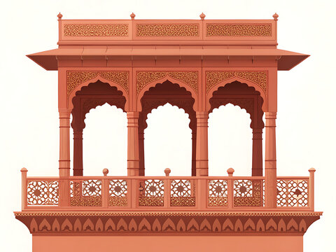 Red sandstone Mughal balcony with floral carved parapet and horseshoe arches, minimal vector illustration
