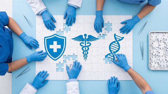 Medical team assembling white puzzle with blue health shield, caduceus and DNA icons, collaborative hands wearing blue gloves connecting pieces to symbolize healthcare, research, protection