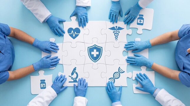 Healthcare team assembling medical puzzle with symbols of shield cross heart microscope caduceus and dna, collaborative hands wearing blue gloves convey unity care and scientific support