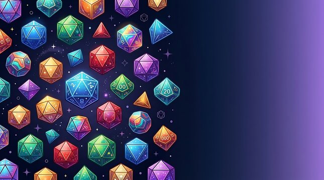 Vibrant polyhedral gaming dice on dark purple cosmic background
