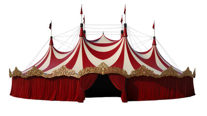 Grand red and white striped circus tent with ornate gold trim and velvet curtains, isolated on transparent background © Sorin