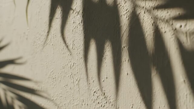 Shadow of a palm leaf falls on a textured wall.
