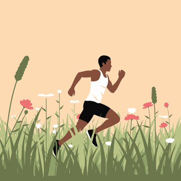 Vector Illustration of a Man Running in a Meadow of Wildflowers