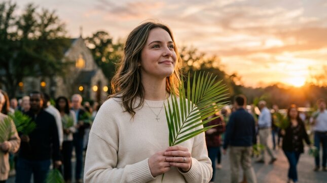 Young woman holding palm branch with eyes closed, observing palm sunday with people in background at sunset