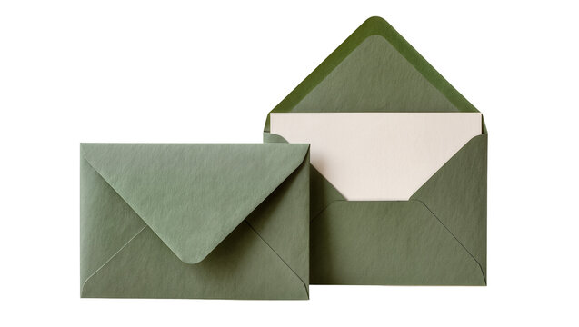 Two green paper envelopes one open revealing a cream card, isolated on transparent background