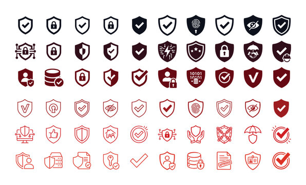 Comprehensive cybersecurity shield icons, a robust vector collection for digital protection; data security, privacy, and antivirus symbols for modern technology applications isolated on