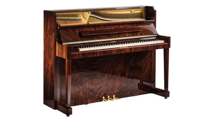 Polished dark wood upright piano with brass pedals, isolated on transparent background © Corotaev