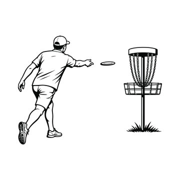 Disc Golf Player Throwing Disc Toward Basket.