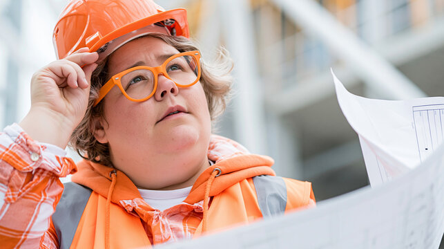 Female engineer in orange hard hat and glasses, analyzing construction plans.