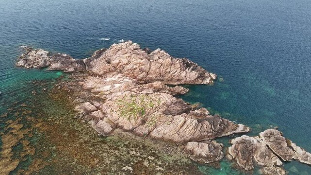Aerial of Hon Kho rocky islet and sargassum, Quy Nhon Vietnam