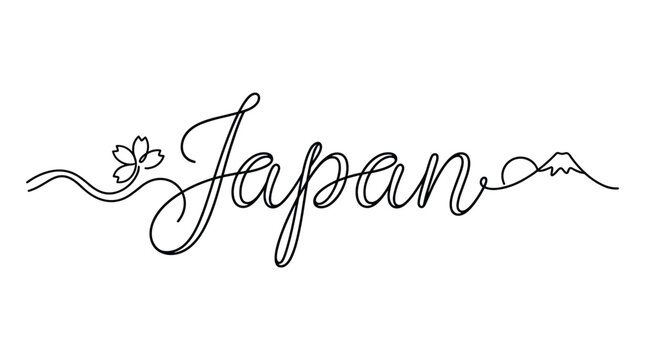 Single continuous line drawing of word Japan featuring Mt Fuji silhouette and cherry blossom flower in minimalist elegant script typography.