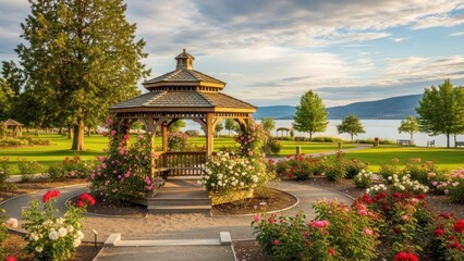 Fototapeta premium A serene garden gazebo surrounded by vibrant flowers and lush greenery near a tranquil body of water under a cloudy sky