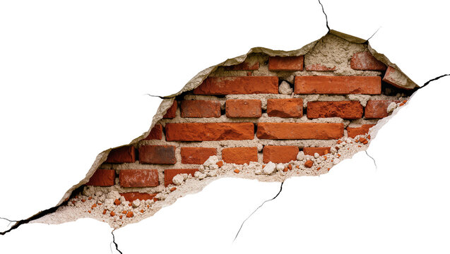 Cracked red brick wall revealing concrete and debris, isolated on transparent background