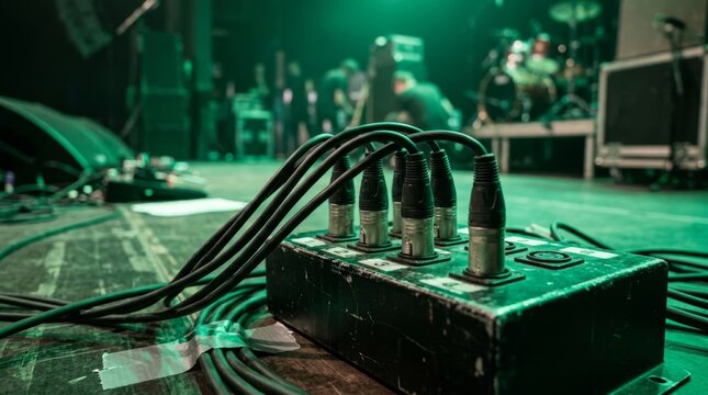 XLR audio cables connected to stage box on glowing green concert stage with blurred band in background