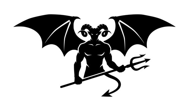 Winged Demon with Trident Silhouette Vector Illustration