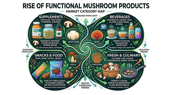 Market map showing functional mushroom product categories and trends