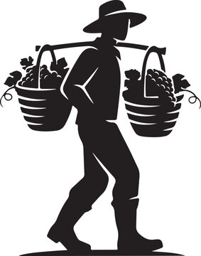 Silhouette of a farmer carrying baskets of produce on a yoke