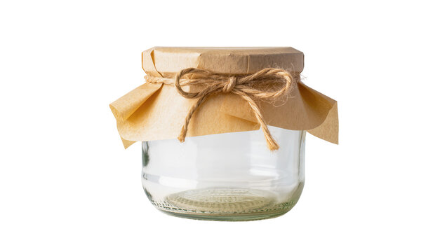 Empty glass jar with brown paper lid tied with twine, isolated on transparent background