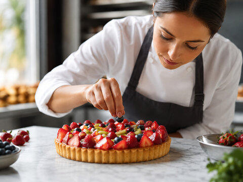 P&acirc;tissi&egrave;re d&eacute;corant une tarte aux fruits rouges en cuisine professionnelle
