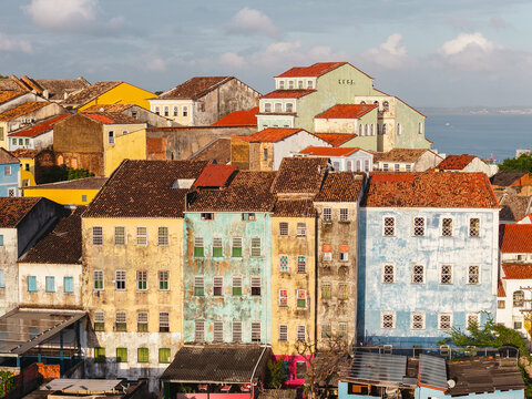 Cluster of colorful colonial buildings in Pelourinho, Salvador, Bahia, Brazil