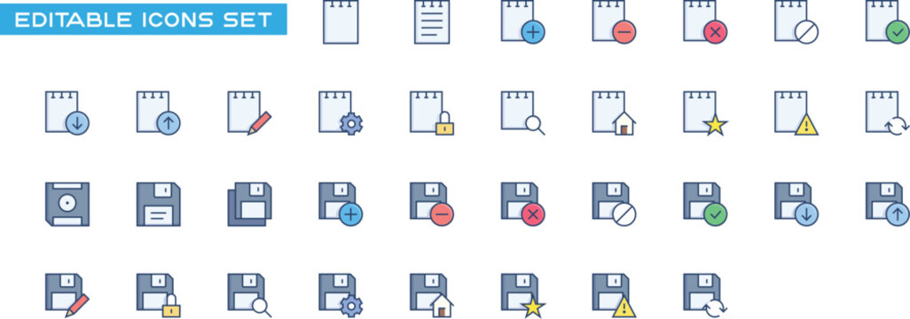 Document and floppy disk flat color icon set. Collection of file management, save, add, delete, edit, lock, search, and storage icons. Vector icon collection.