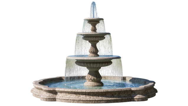 Tiered stone fountain with cascading water, isolated on transparent background