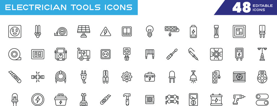 Electrician tools icon set. Collection of digital multimeter, electrical socket, power plug, battery, screwdriver, solar panel, and voltage tester icons. Editable stroke. Vector icon collection.