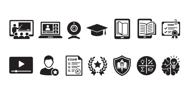 Education icons, learning symbols, academic signs, school emblems, 15 black vector icons