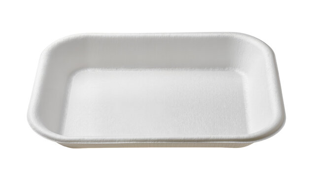 Empty white rectangular styrofoam food tray, isolated on transparent background