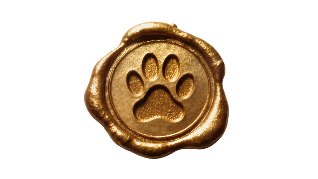 Golden wax seal with paw print, isolated on transparent background