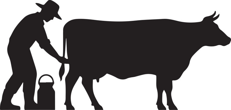 Silhouette of a farmer milking a cow with a pail