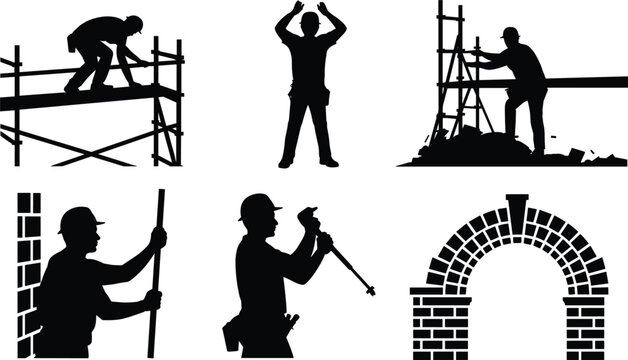 Construction worker silhouette vector set, builder bricklayer scaffolding elements, industrial masonry icon isolated graphic illustration