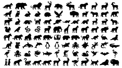 Obraz premium Animals in Black Silhouettes Forming a Diverse Collection of Wildlife Icons Featuring Nature, Mammals, Birds with Reptiles