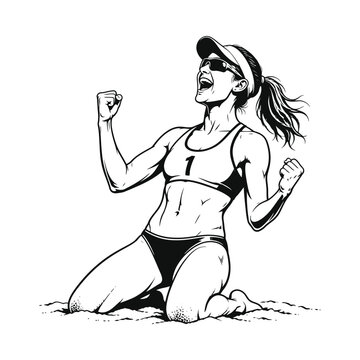 Joyful Female Athlete Celebrating Victory on Beach.