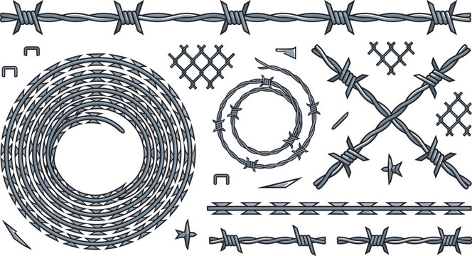 Barbed wire and razor wire vector illustration elements set with coiled fences metal spikes and chains on white background