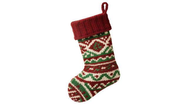 Knitted Christmas stocking with fair isle pattern, isolated on transparent background