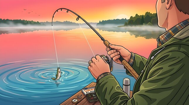 Hands of a man in a Urp plan hold a fishing rod, a fisherman catches fish at dawn. Fishing hobby vacation concept. Cartoon Style