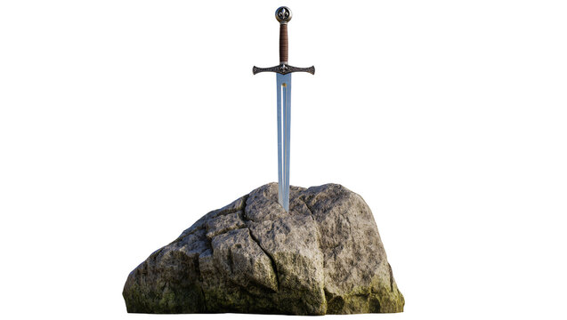 Ornate medieval sword embedded in rough stone, isolated on transparent background