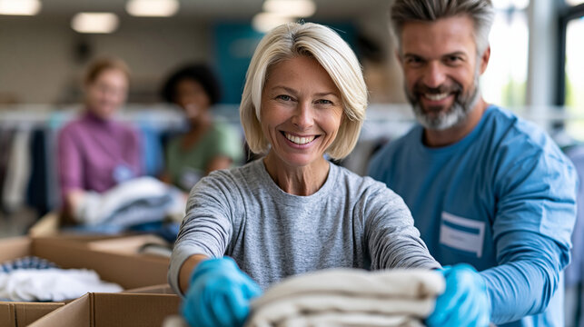 Faceless diverse group of volunteers smiling while sorting folded clothes into donation boxes at bright community center with clothing racks visible, charitable giving concept,