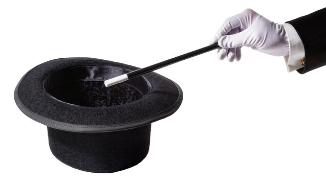 Magician s hand in white glove holding wand over top hat, isolated on transparent background