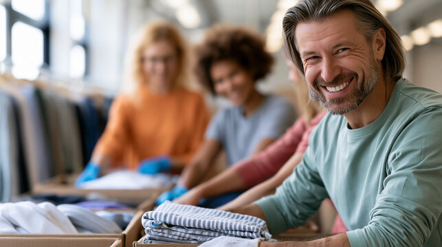 Faceless diverse group of volunteers smiling while sorting folded clothes into donation boxes at bright community center with clothing racks visible, charitable giving concept,