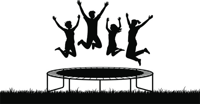 People jumping on trampoline silhouette vector illustration, happy family outdoor backyard fun isolated graphic design