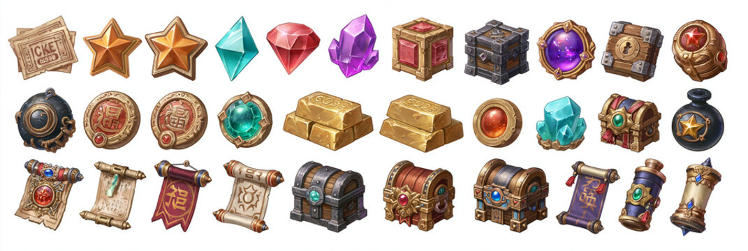 Colorful fantasy game icons featuring various treasures and artifacts.