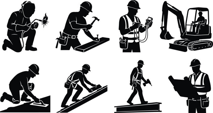 Set of construction and industrial worker silhouette icons vector