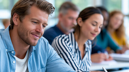 Obraz premium Multicultural group of adults in bright community health center completing peer-led journaling therapy worksheets at desks with facilitator circulating, mental wellness concept,