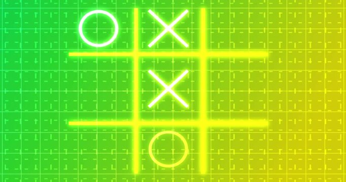 Glowing animated Tic Tac Toe Game Icon on a grid background in 4K.Neon Tic Tac Toe X-O game icon on a grid background for banners, business workflows, and digital backdrops. 
