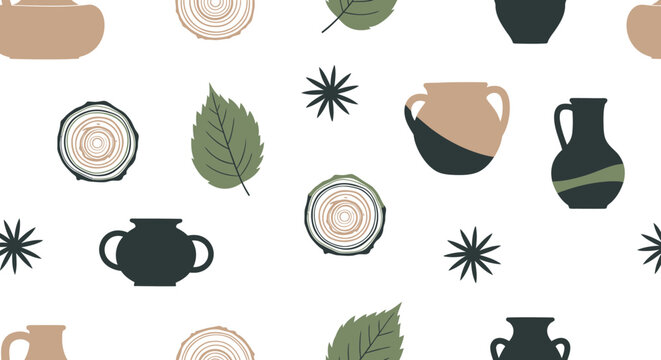 Assorted pottery and leaves pattern design.