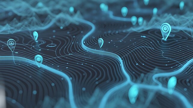 High-tech digital topographic map with glowing data points, GPS markers, and geospatial analytics. Technology big data and geospatial concepts. Future abstract background 3d Rendering 