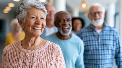 Fototapeta premium Diverse senior group enjoying lively dance activity together in bright community center, active aging concept, senior lifestyle photography, blurred facility background, with copy