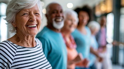 Fototapeta premium Diverse senior group enjoying lively dance activity together in bright community center, active aging concept, senior lifestyle photography, blurred facility background, with copy